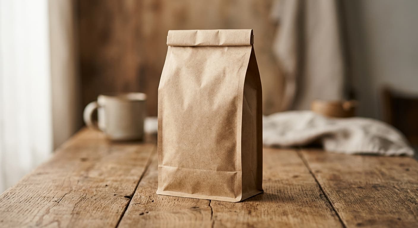 Coffee bag with multi-line label (before)