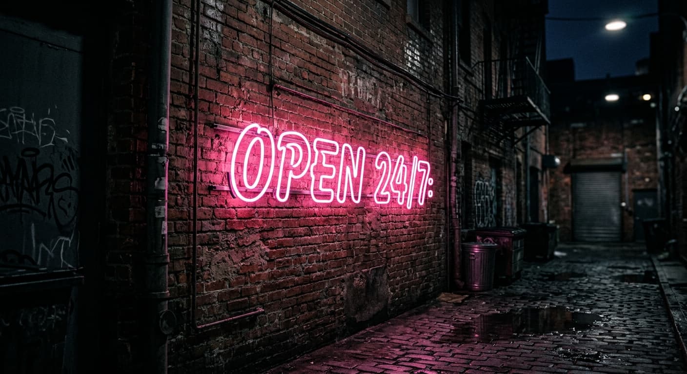 Neon sign on brick wall (after)