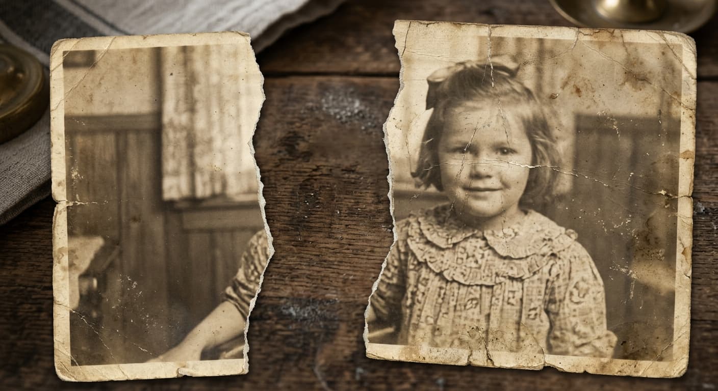 Torn family reunion photo (before)